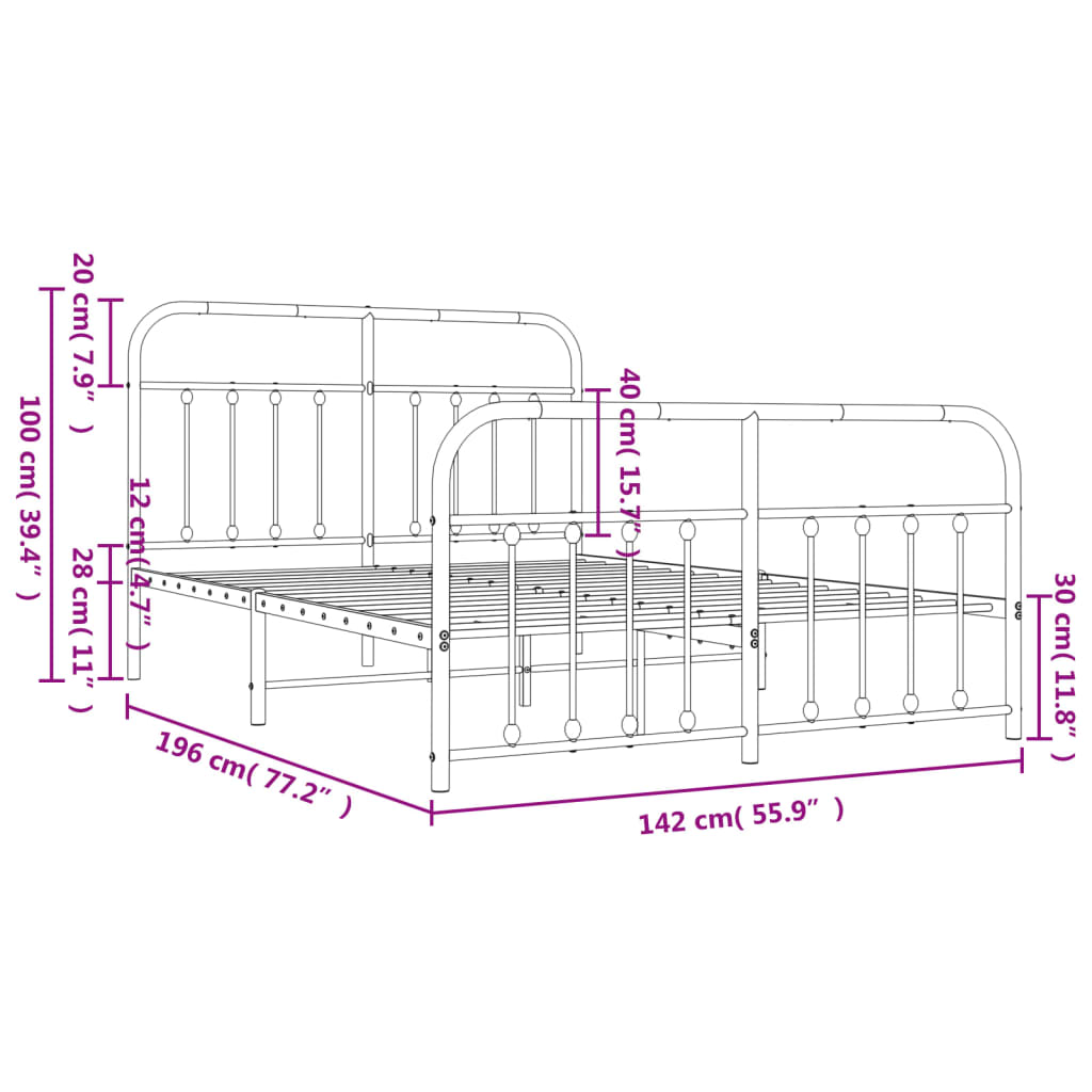 vidaXL Sengeramme i metall med hode- og fotgavl hvit 135x190 cm