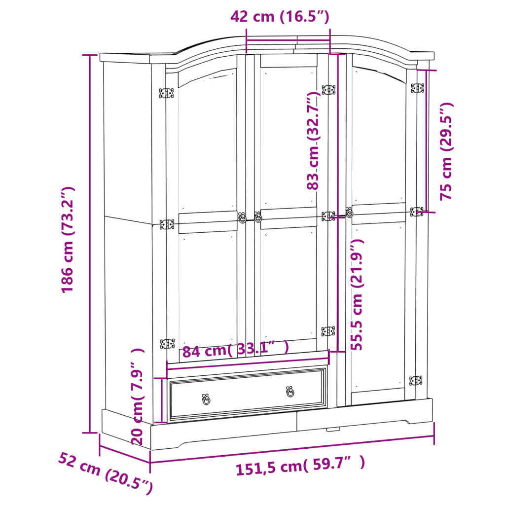 vidaXL Garderobe Corona hvit 151,5x52x186 cm heltre furu