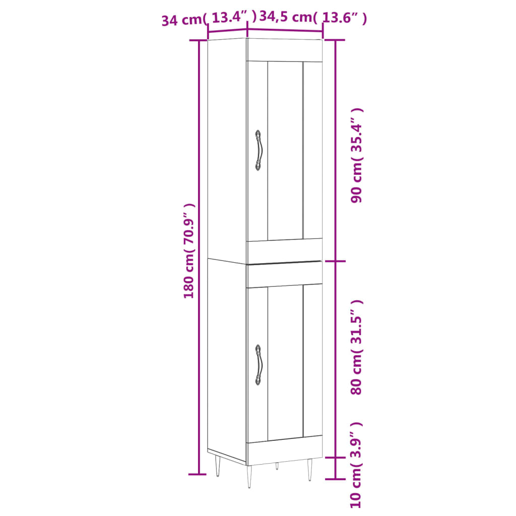 vidaXL Highboard sonoma eik 34,5x34x180 cm konstruert tre