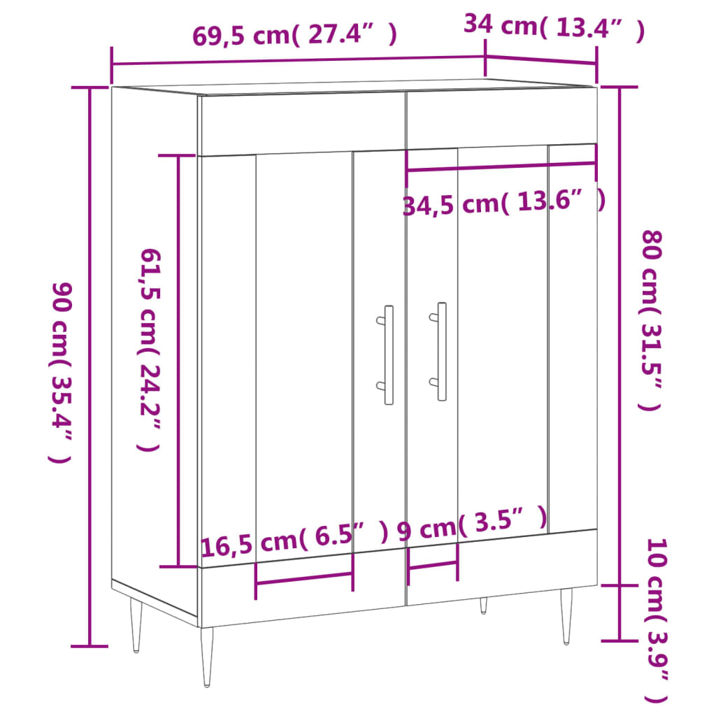 vidaXL Skjenk hvit 69,5x34x90 cm konstruert tre