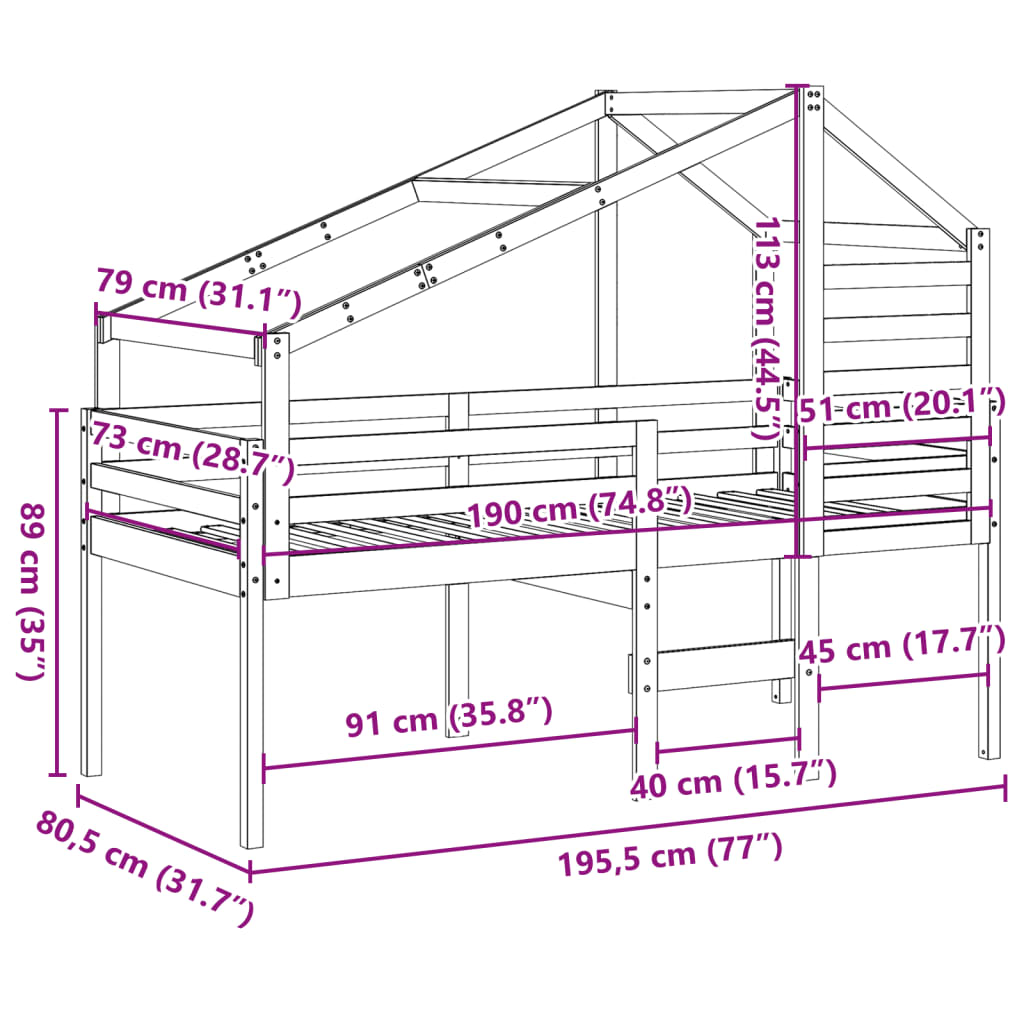 vidaXL Høyseng med tak hvit 75x190 cm heltre furu