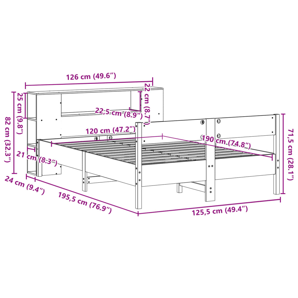 vidaXL Seng med bokhylle uten madrass hvit 120x190 cm heltre furu