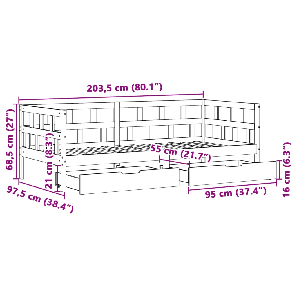 vidaXL Dagseng med skuffer hvit 90x200 cm heltre furu