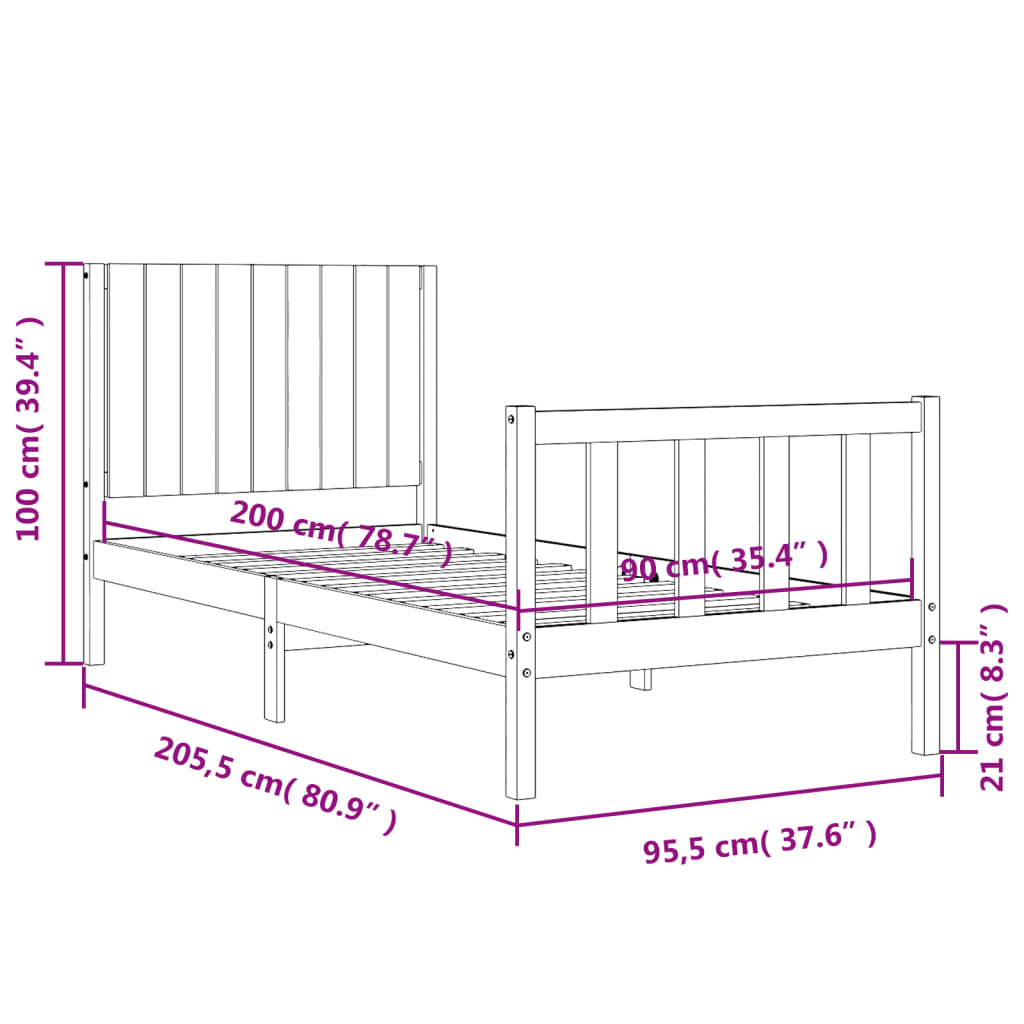 vidaXL Sengeramme med hodegavl hvit 90x200 cm heltre