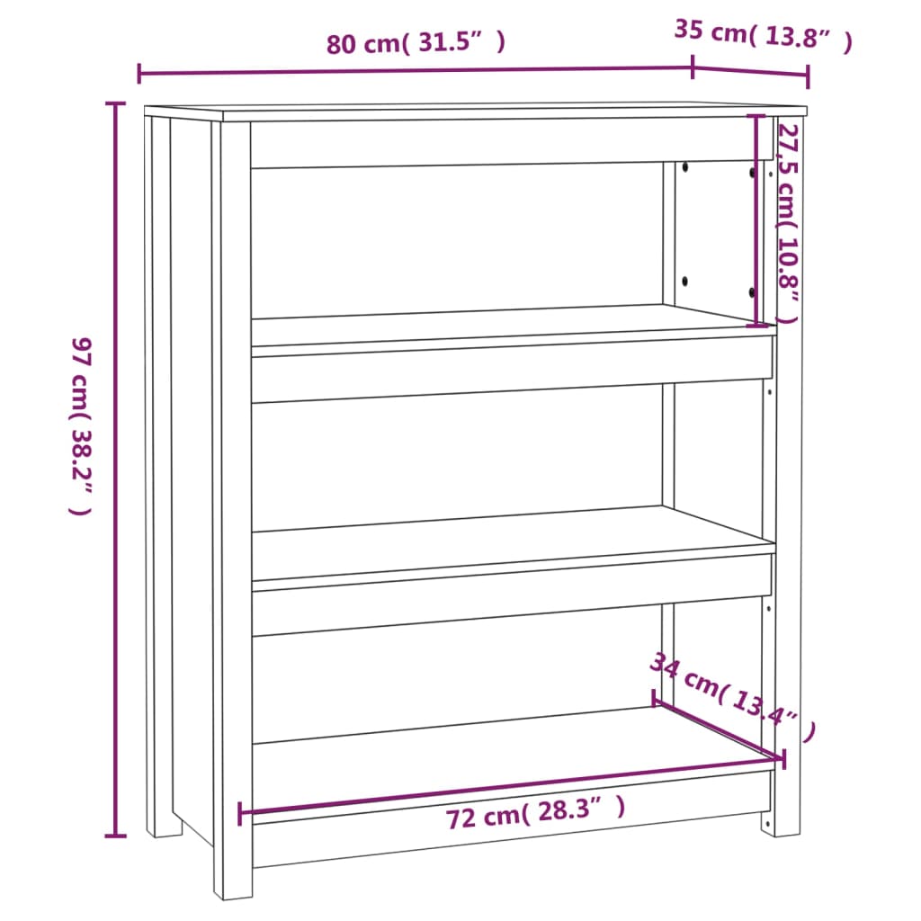 vidaXL Bokhylle 80x35x97 cm heltre furu