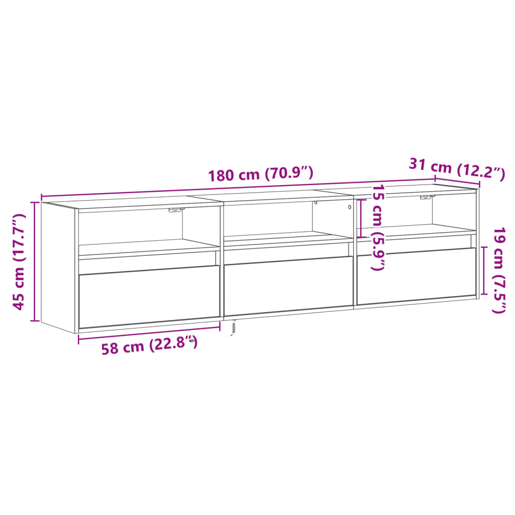 vidaXL Vegghengt TV-benk med LED grå sonoma 180x31x45 cm