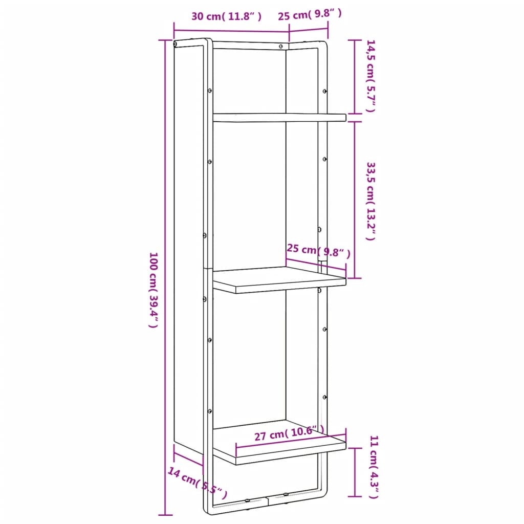 vidaXL Vegghylle 3 etasjer sonoma eik 30x25x100 cm konstruert tre