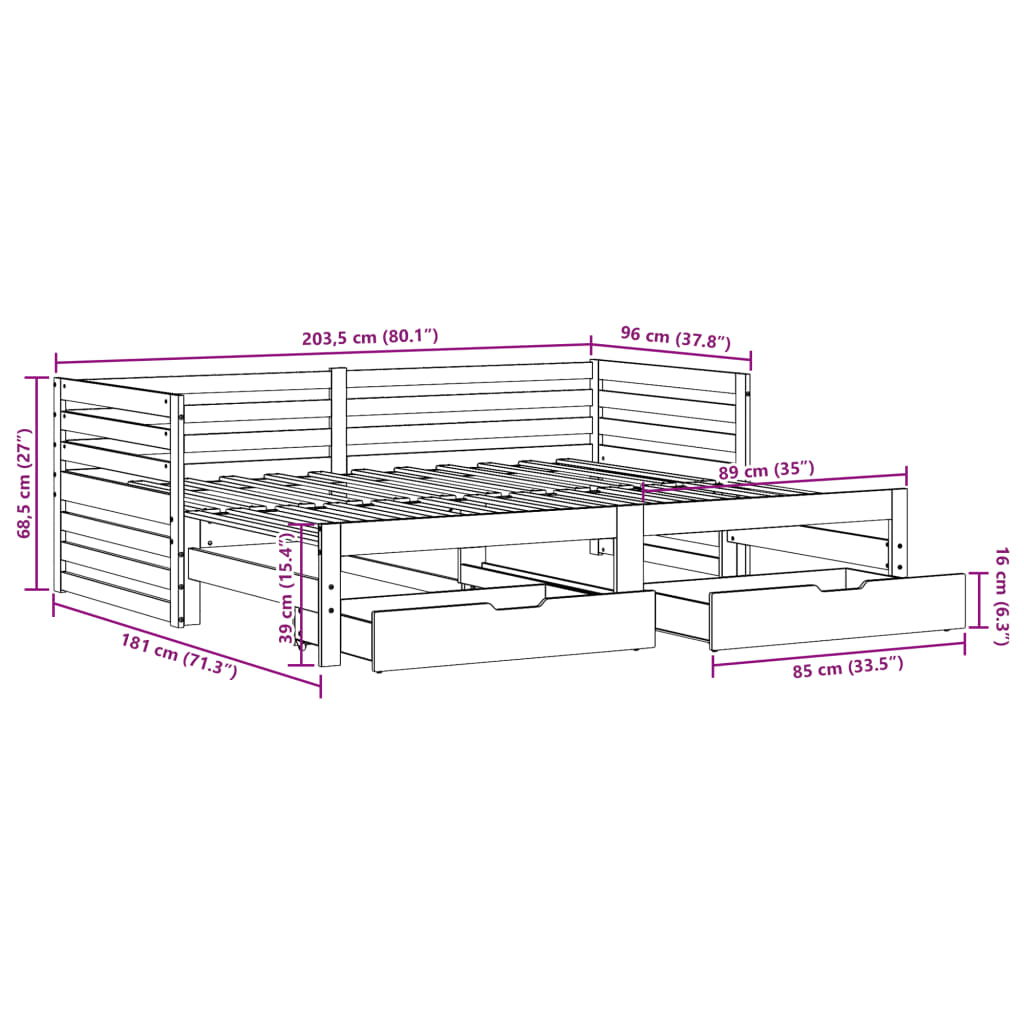 vidaXL Dagseng med skuffer hvit 90x200 cm heltre furu