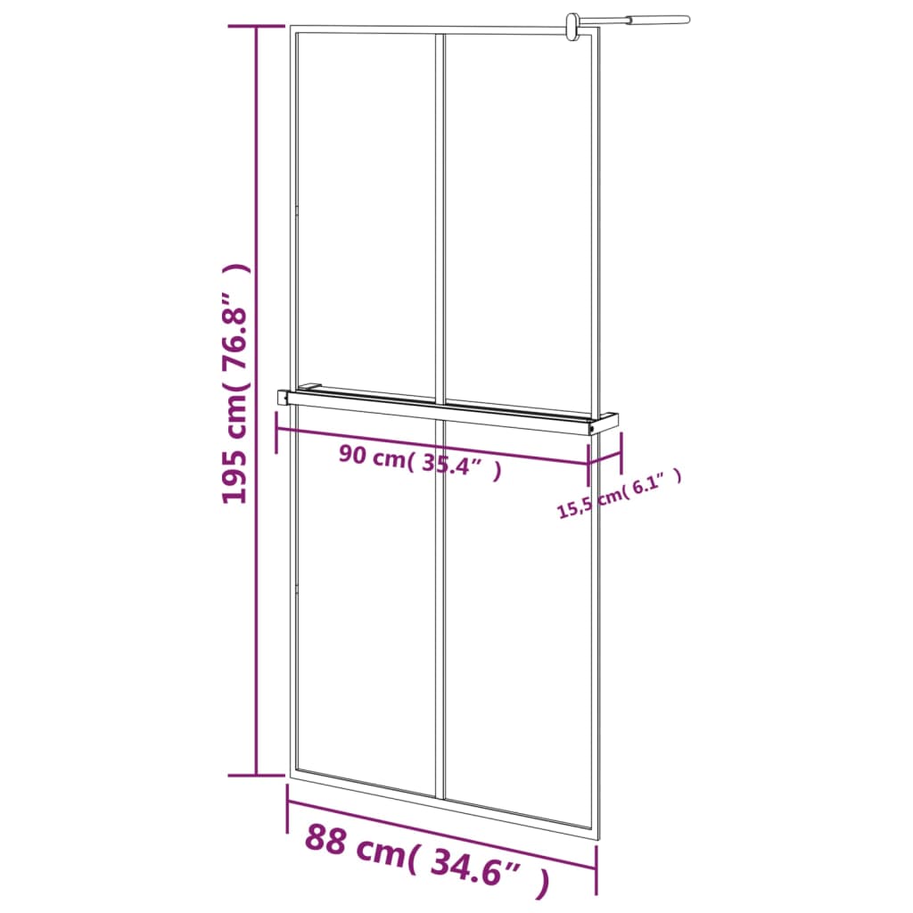 vidaXL Dusjvegg med hylle svart 90x195 cm ESG-glass og aluminium