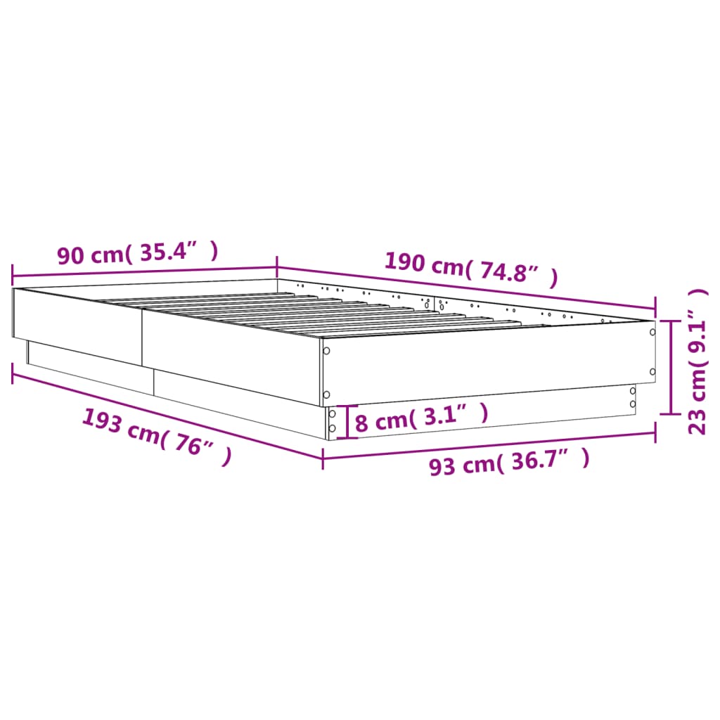 vidaXL Sengeramme betonggrå 90x190 cm konstruert tre