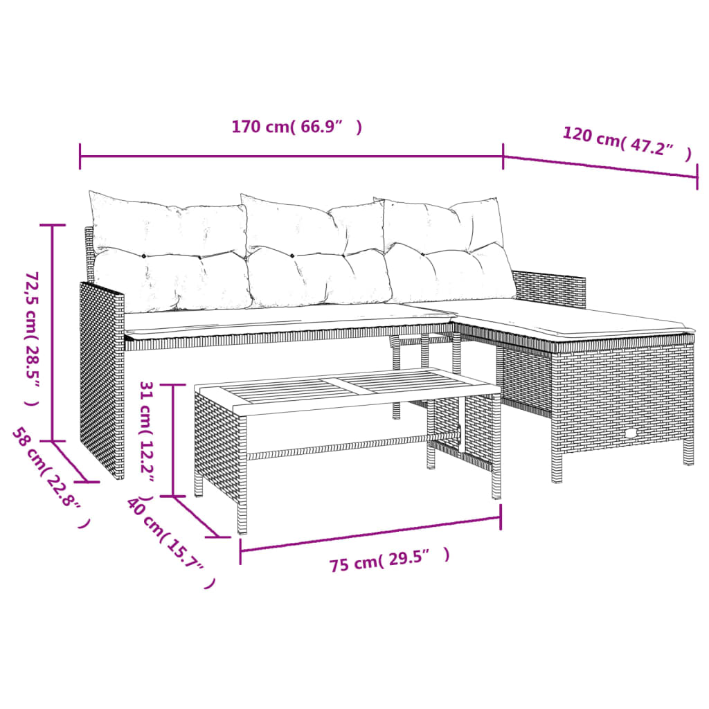 vidaXL Hagesofa med bord og puter L-formet beige polyrotting