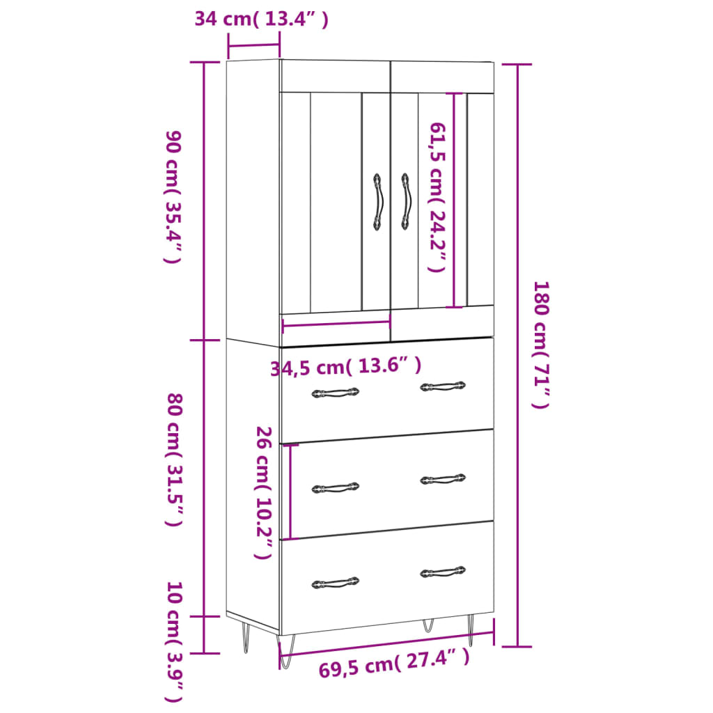 vidaXL Highboard grå sonoma 69,5x34x180 cm konstruert tre