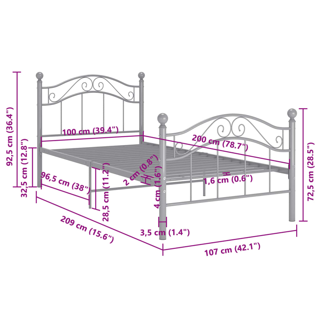 vidaXL Sengeramme grå metall 100x200 cm