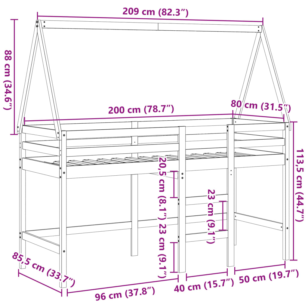 vidaXL Køyeseng med stige og tak hvit 80x200 cm heltre furu