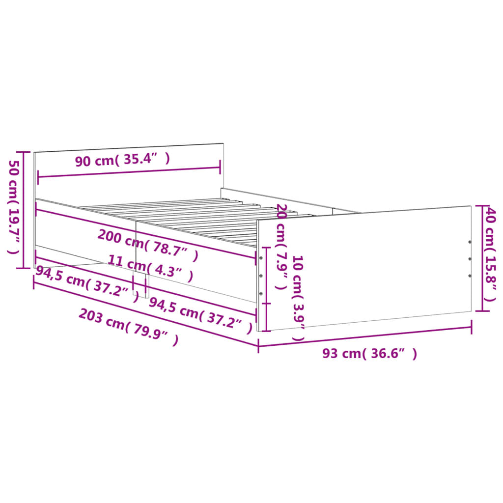 vidaXL Sengeramme uten madrass røkt eik 90x200 cm konstruert tre