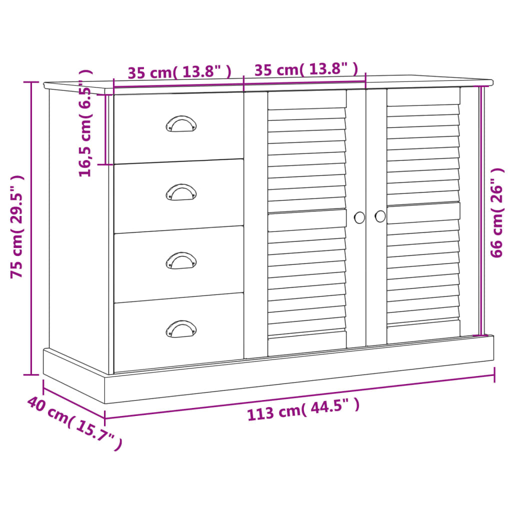 vidaXL Skjenk med skuffer VIGO 113x40x75 cm heltre furu