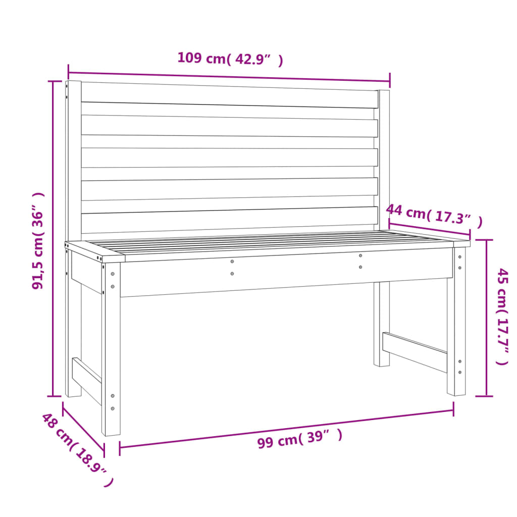 vidaXL Hagebenk 109 cm heltre furu