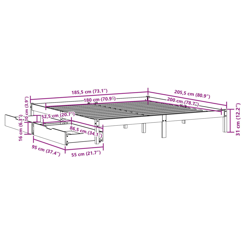 vidaXL Sengeramme uten madrass hvit 180x200 cm heltre furu