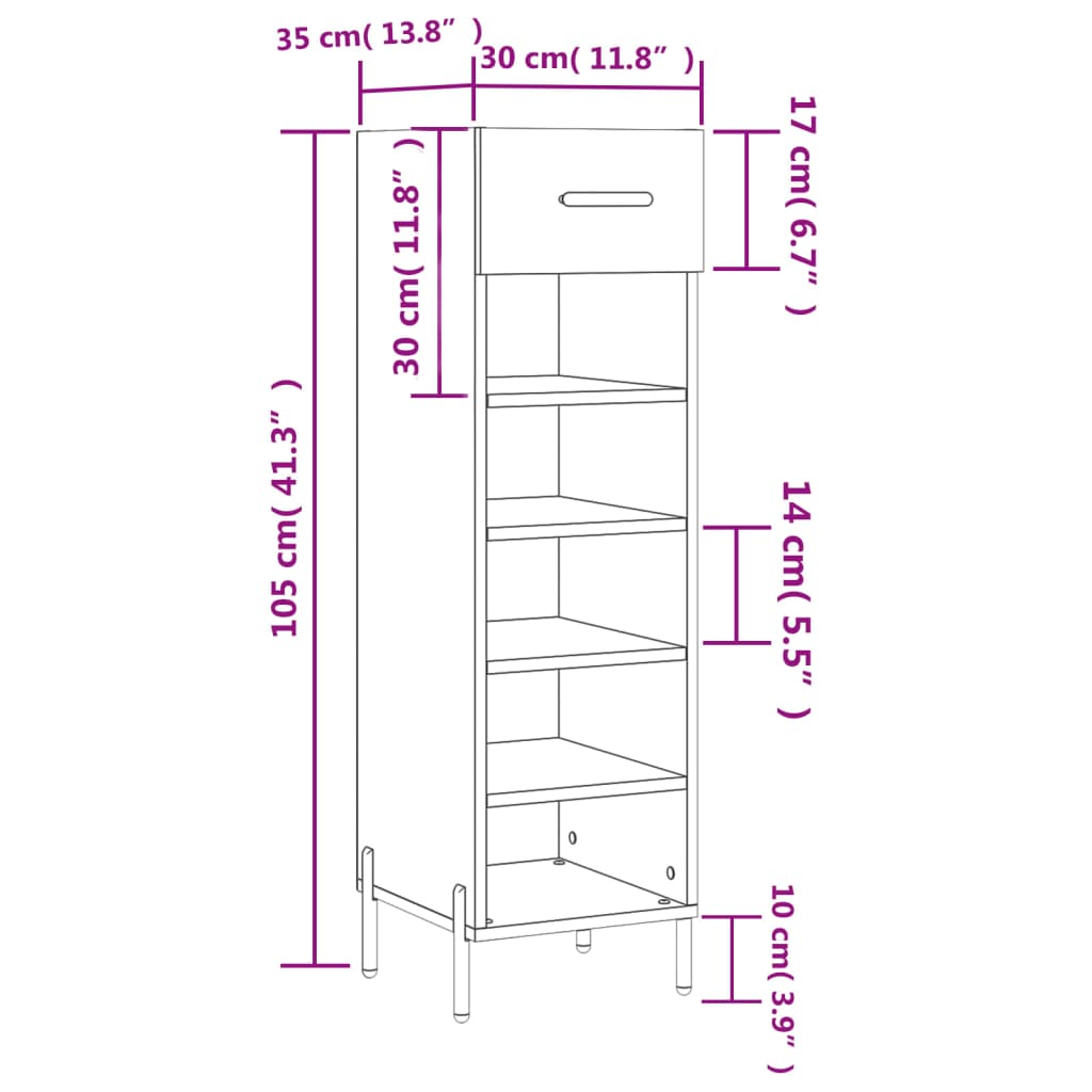 vidaXL Skoskap høyglans hvit 30x35x105 cm konstruert tre