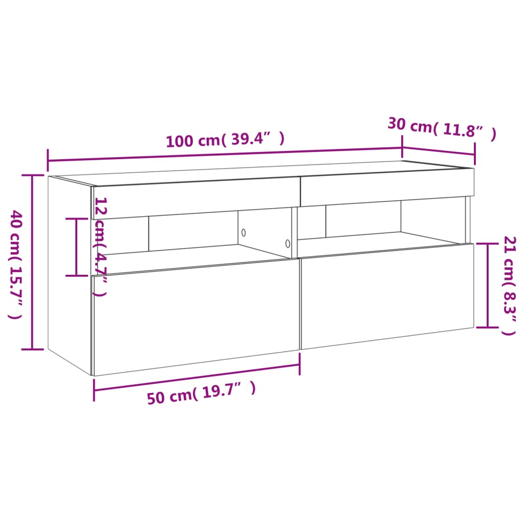 vidaXL Vegghengt TV-benk med LED-lys betonggrå 100x30x40 cm