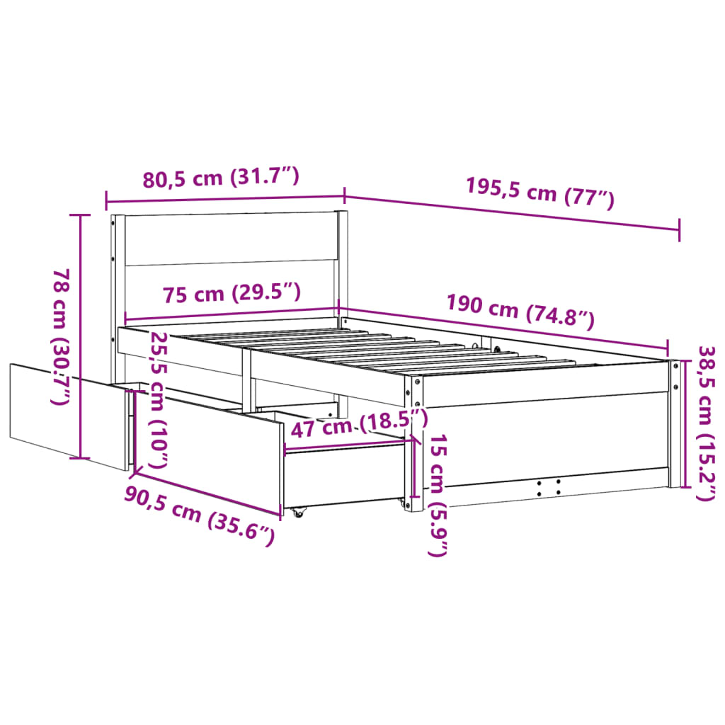 vidaXL Sengeramme uten madrass hvit 75x190 cm heltre furu