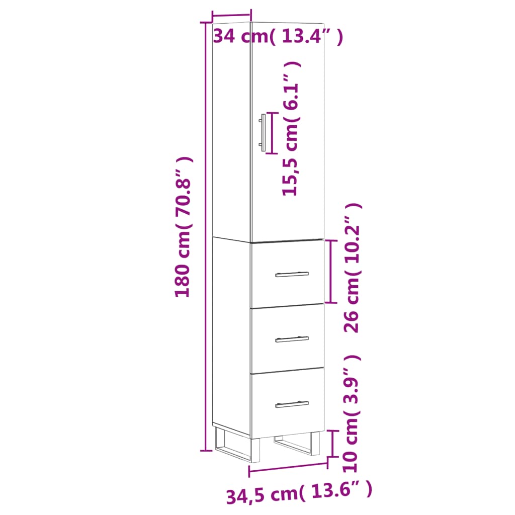 vidaXL Highboard røkt eik 34,5x34x180 cm konstruert tre