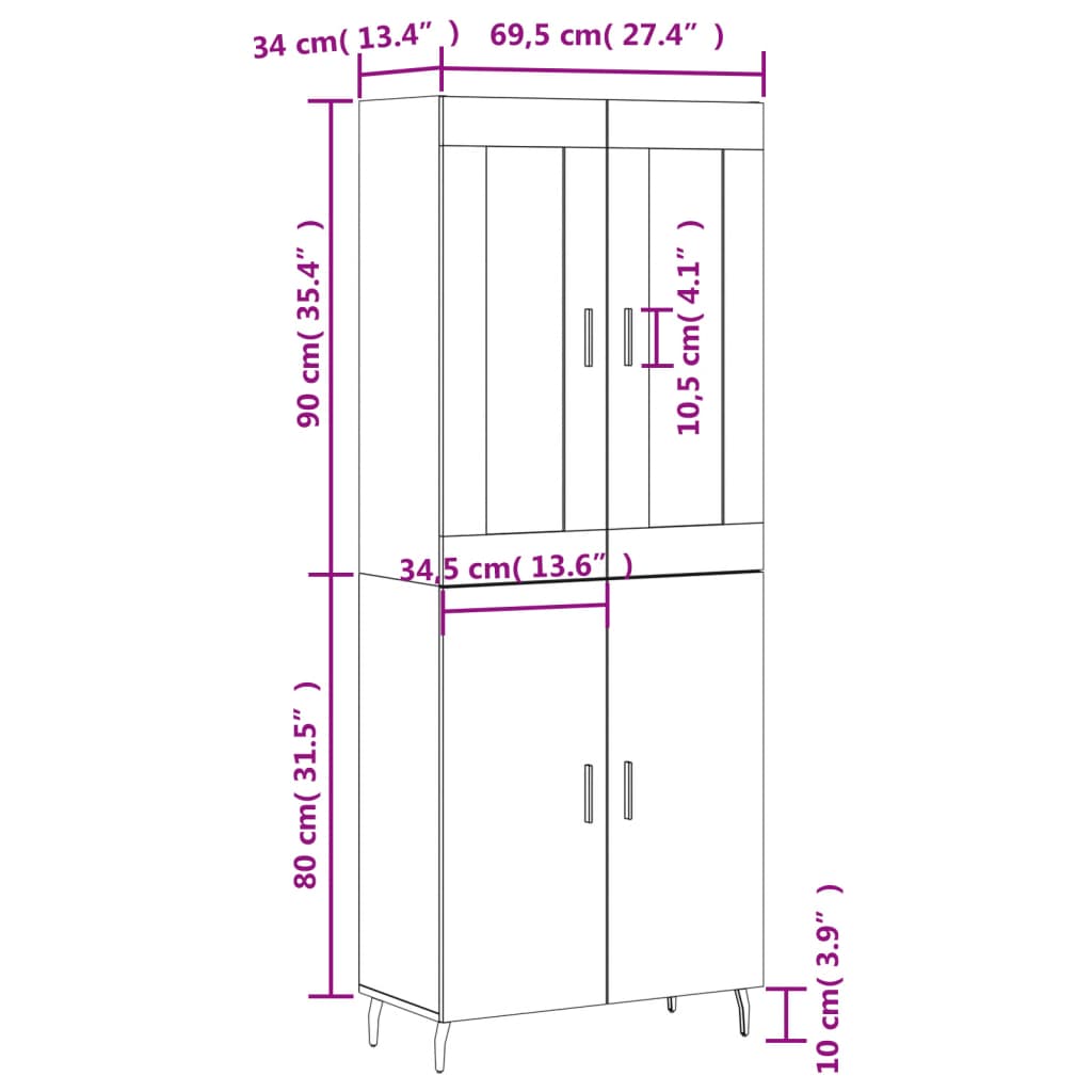 vidaXL Highboard hvit 69,5x34x180 cm konstruert tre