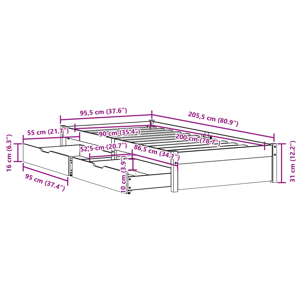 vidaXL Sengeramme uten madrass hvit 90x200 cm heltre furu