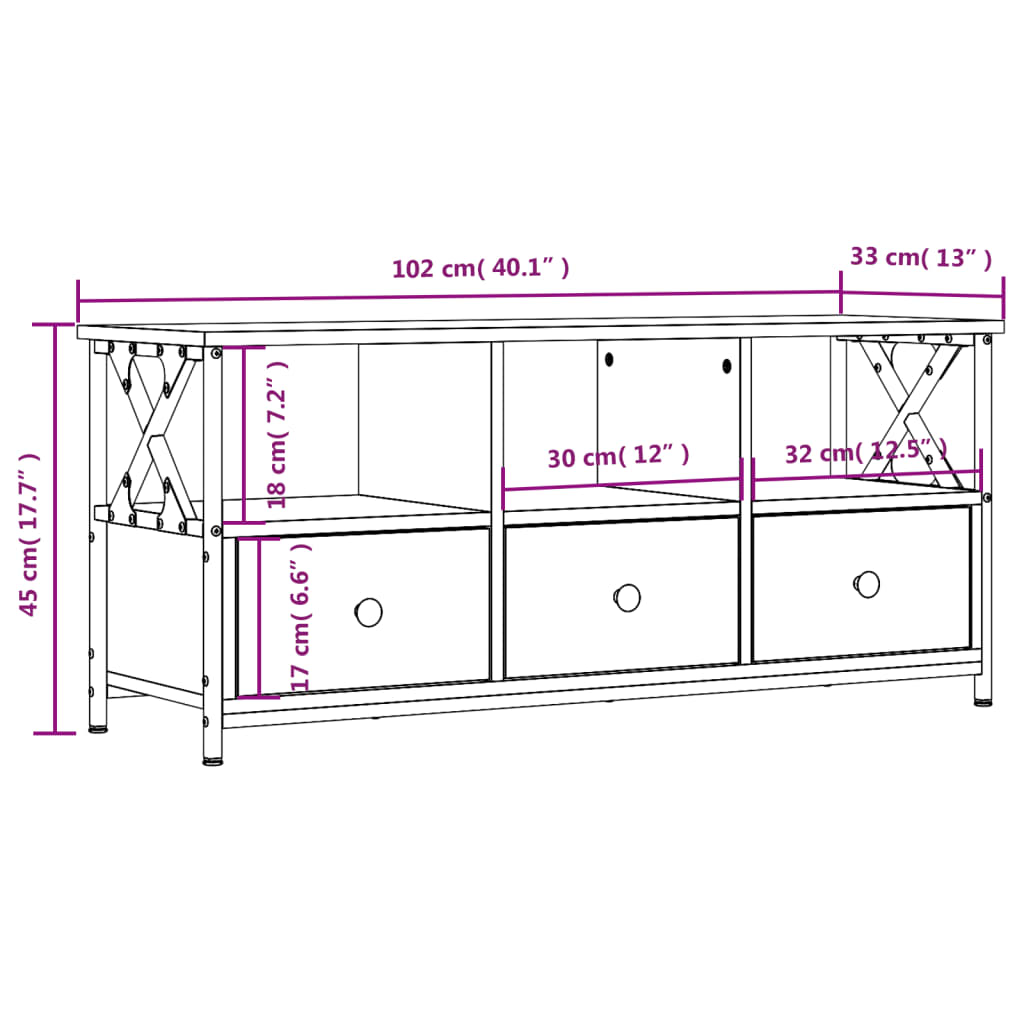 vidaXL TV-benk sonoma eik 102x33x45 cm konstruert tre og jern