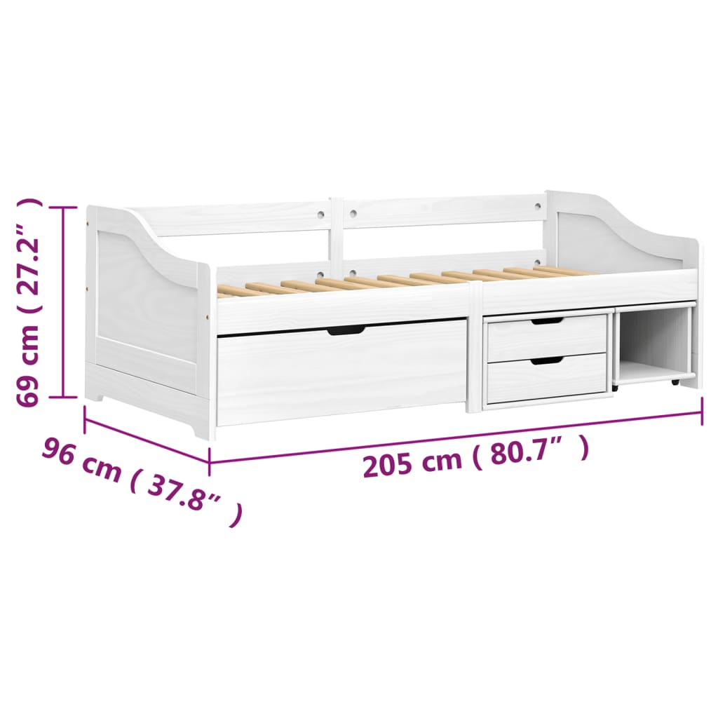 vidaXL Dagseng med 3 skuffer IRUN hvit 90x200 cm heltre furu