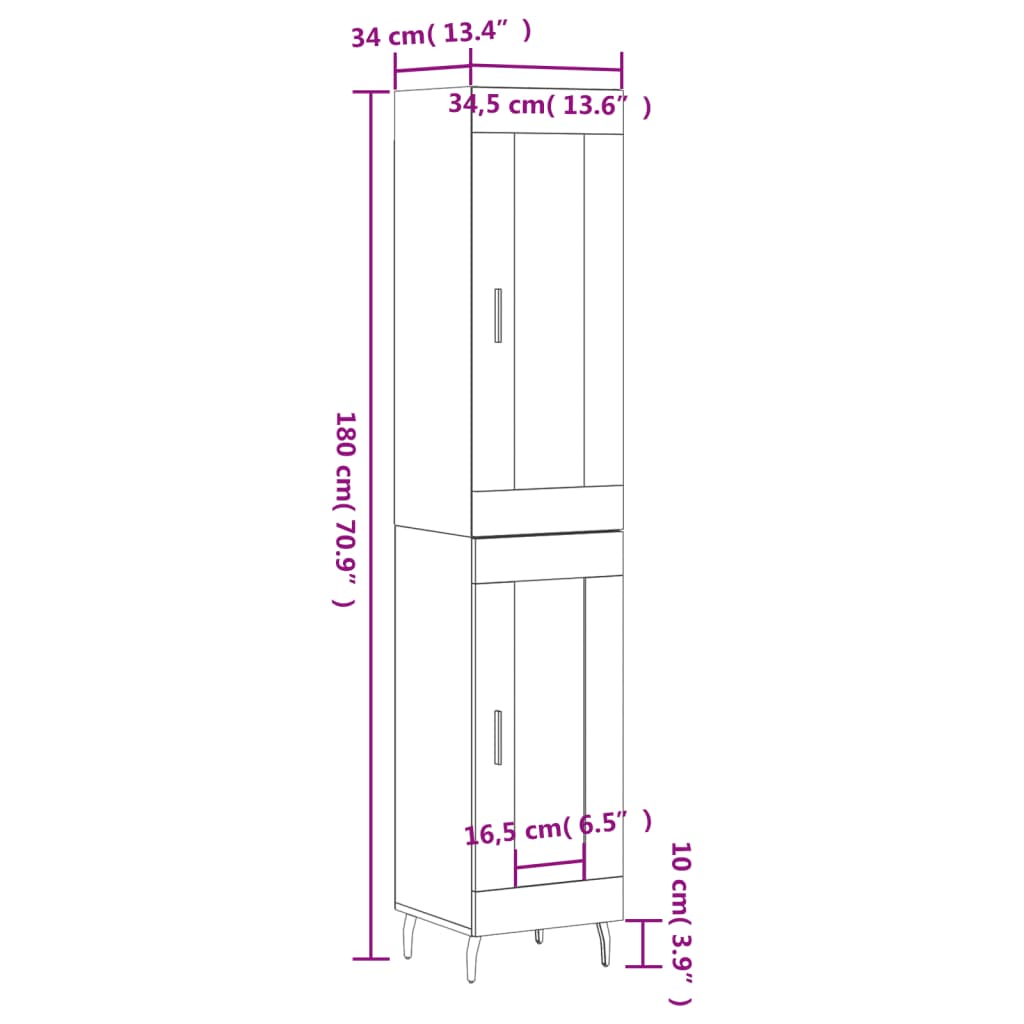 vidaXL Highboard brun eik 34,5x34x180 cm konstruert tre