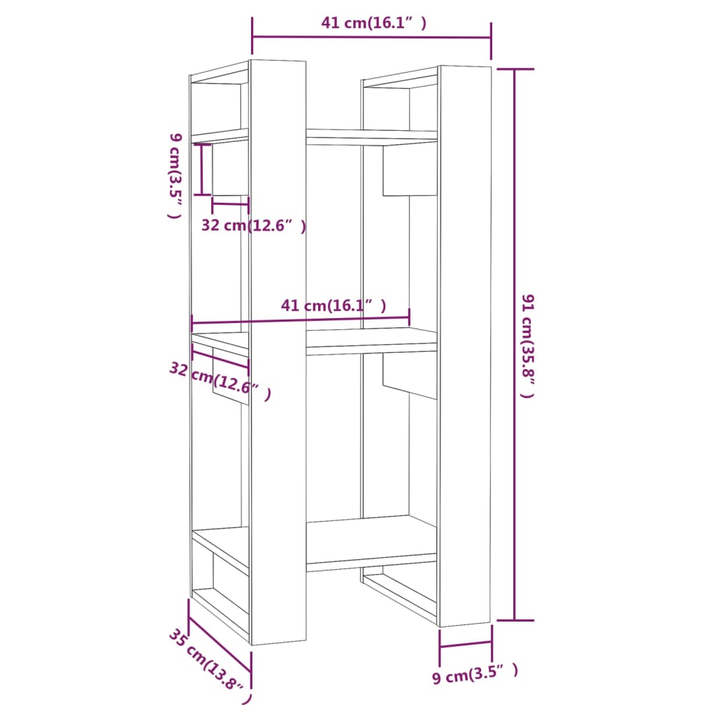 vidaXL Bokhylle/romdeler svart 41x35x91 cm heltre furu