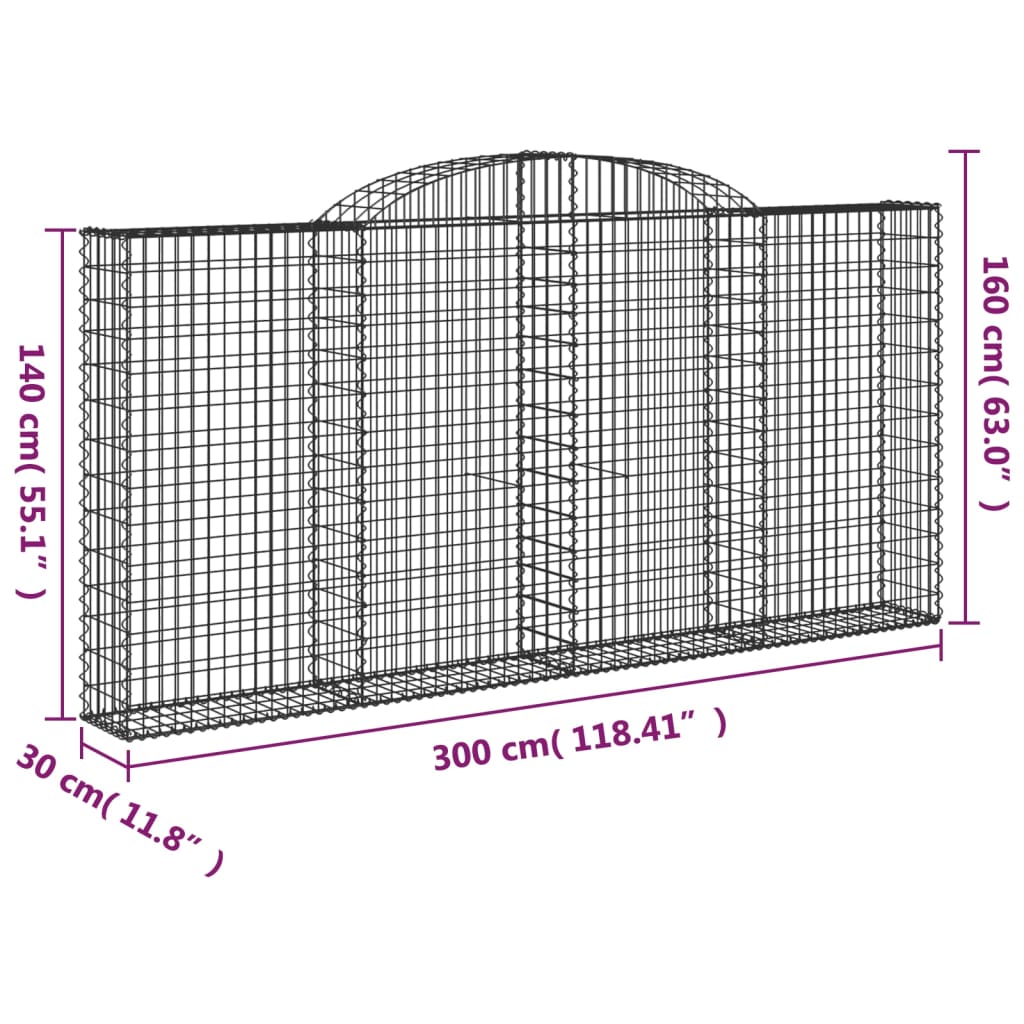 vidaXL Gabionkurv buet 300x30x140/160 cm galvanisert jern