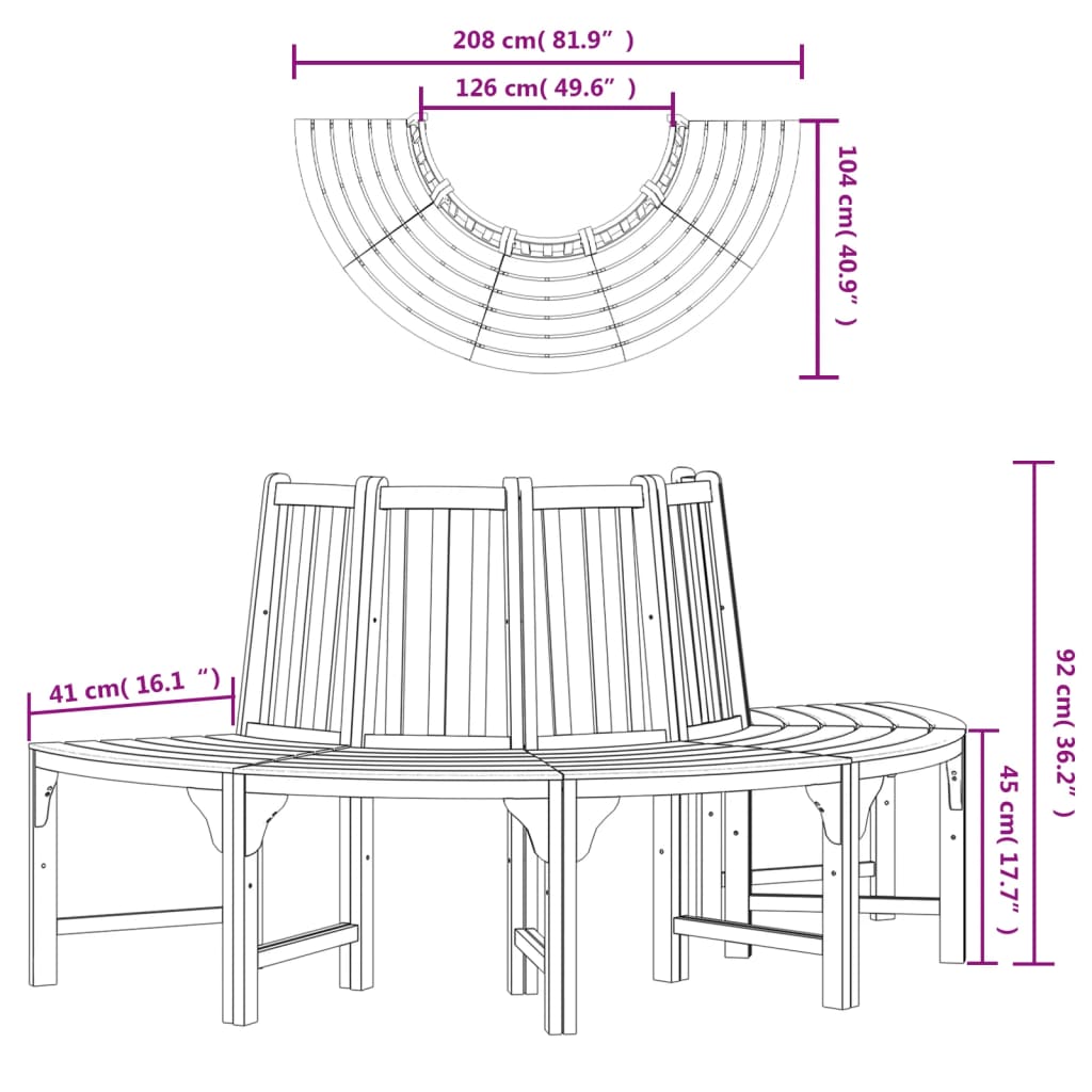 vidaXL Halvrund trebenk Ø208 cm heltre eukalyptus