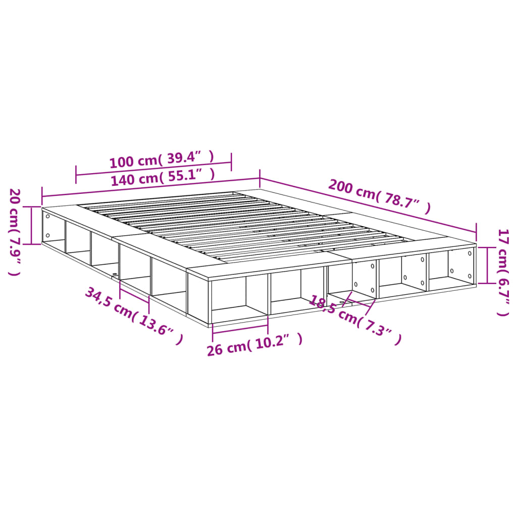 vidaXL Sengeramme røkt eik 140x200 cm konstruert tre