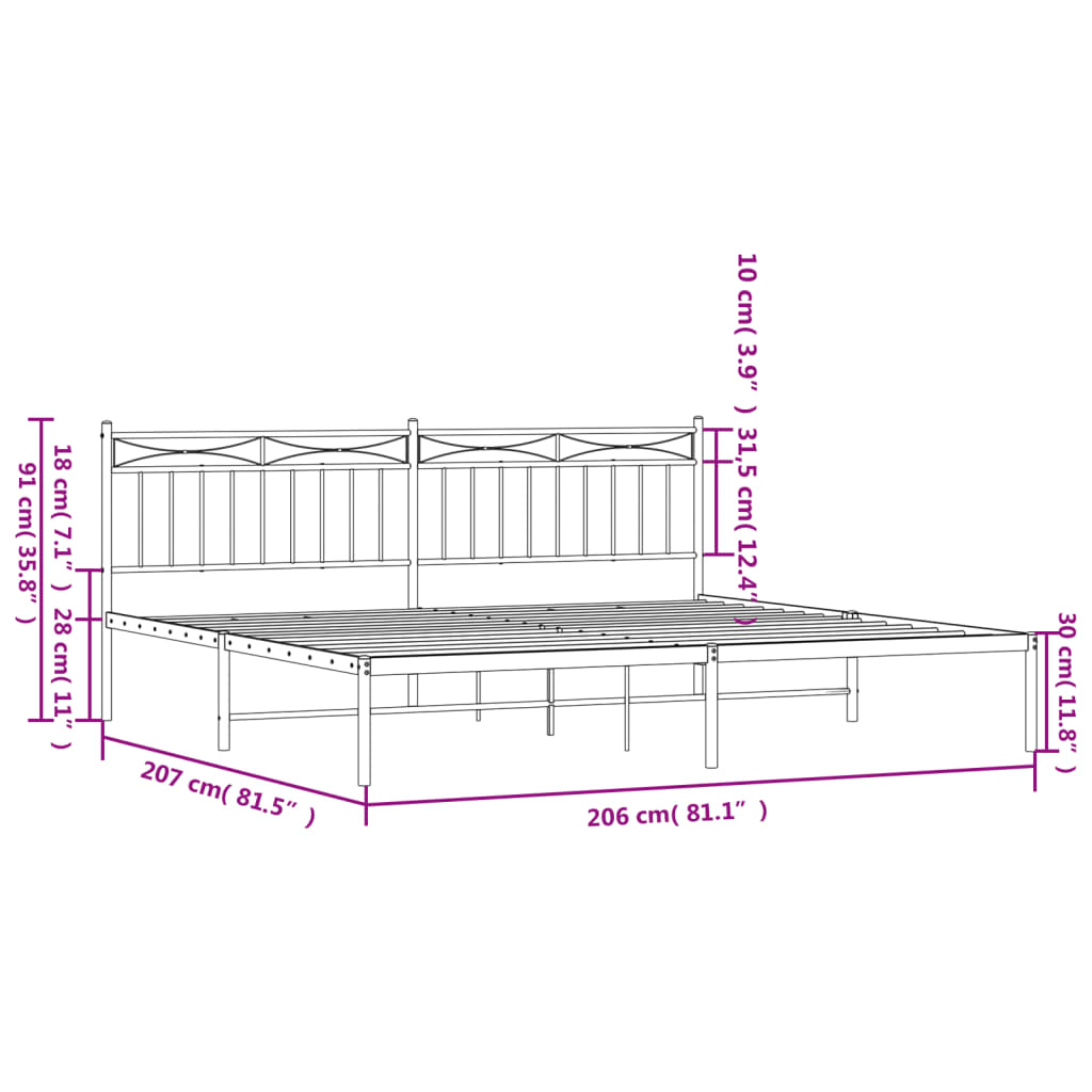 vidaXL Sengeramme i metall med sengegavl hvit 200x200 cm