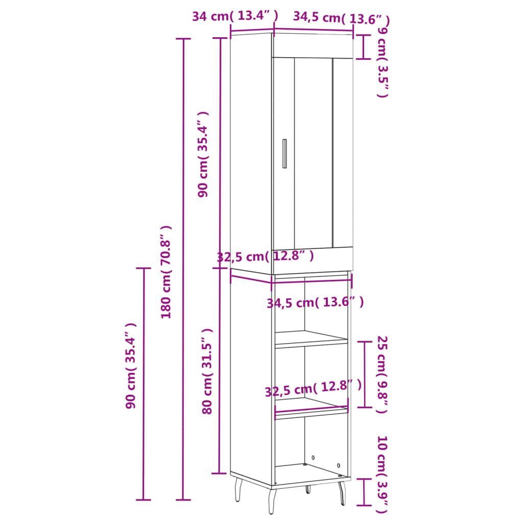 vidaXL Highboard hvit 34,5x34x180 cm konstruert tre