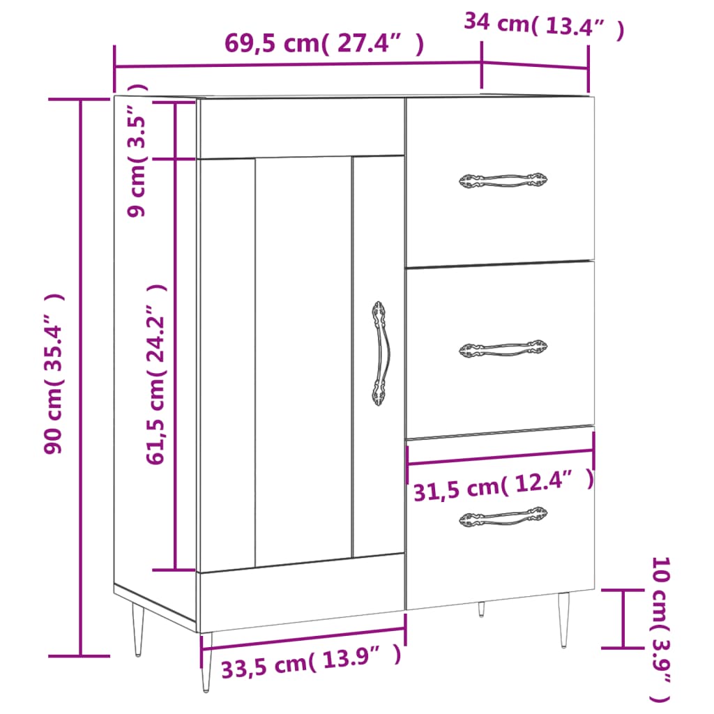 vidaXL Skjenk sonoma eik 69,5x34x90 cm konstruert tre