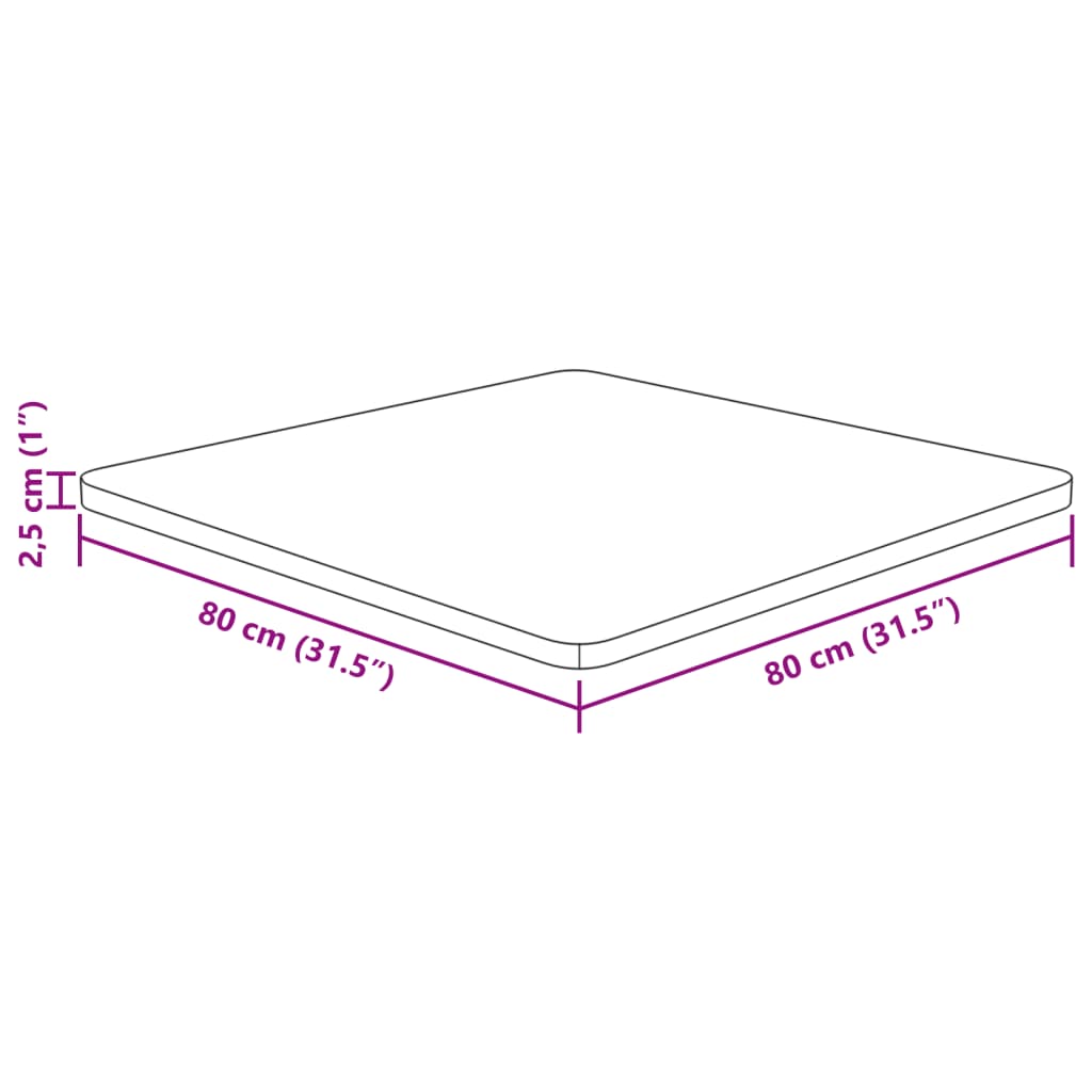 vidaXL Firkantet bordplate 80x80x2,5 cm ubehandlet heltre eik