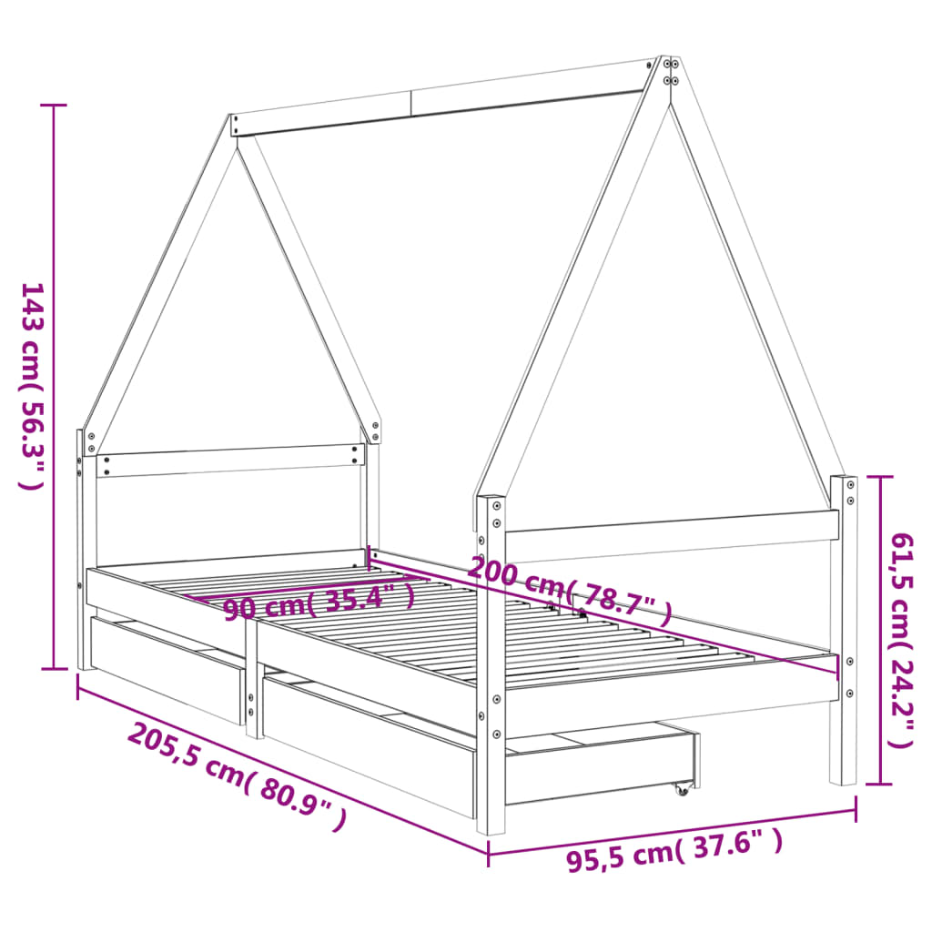 vidaXL Barnesengeramme med skuffer svart 90x200 cm heltre furu