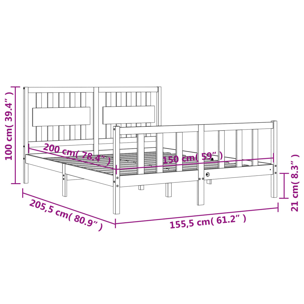 vidaXL Sengeramme med hodegavl hvit 5FT King Size heltre