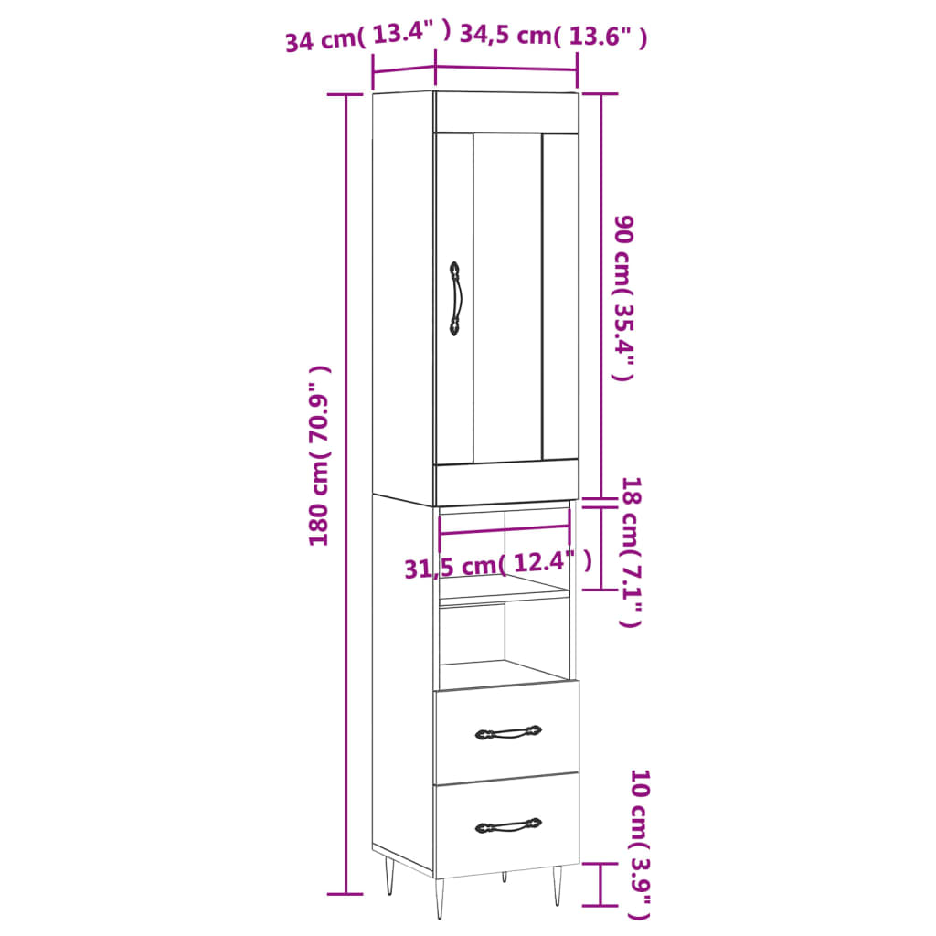 vidaXL Highboard røkt eik 34,5x34x180 cm konstruert tre