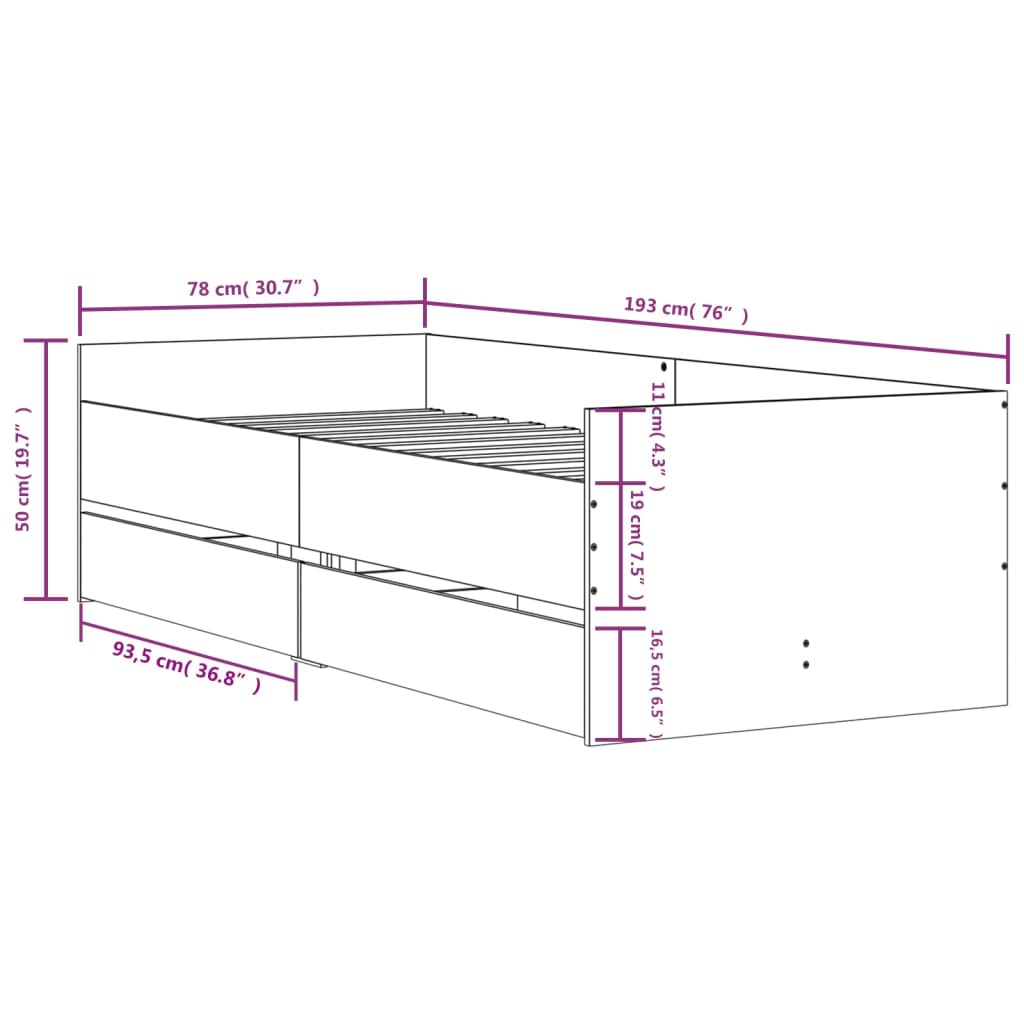 vidaXL Sengeramme med skuffer sonoma eik 75x190 cm