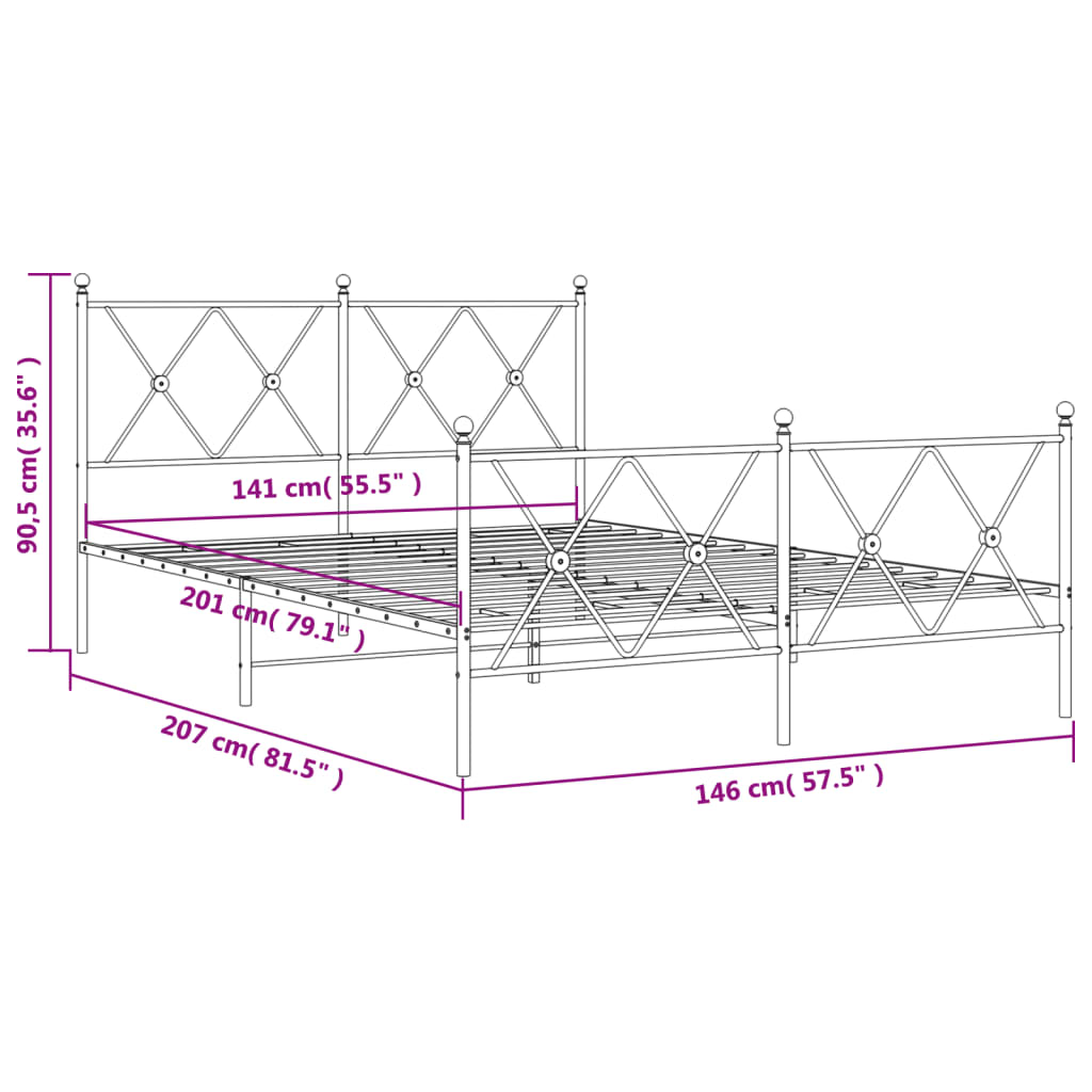 vidaXL Sengeramme i metall med hode- og fotgavl hvit 140x200 cm