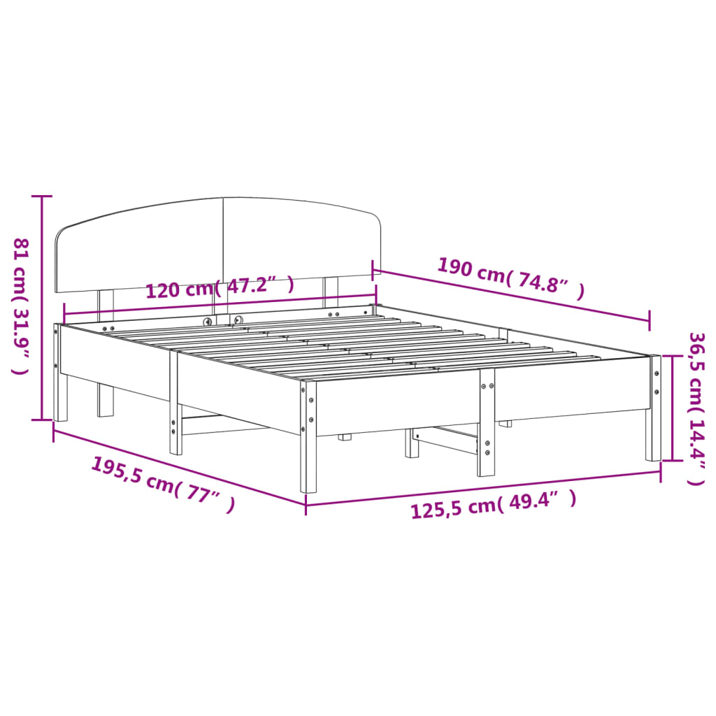 vidaXL Sengeramme uten madrass hvit 120x190 cm heltre furu