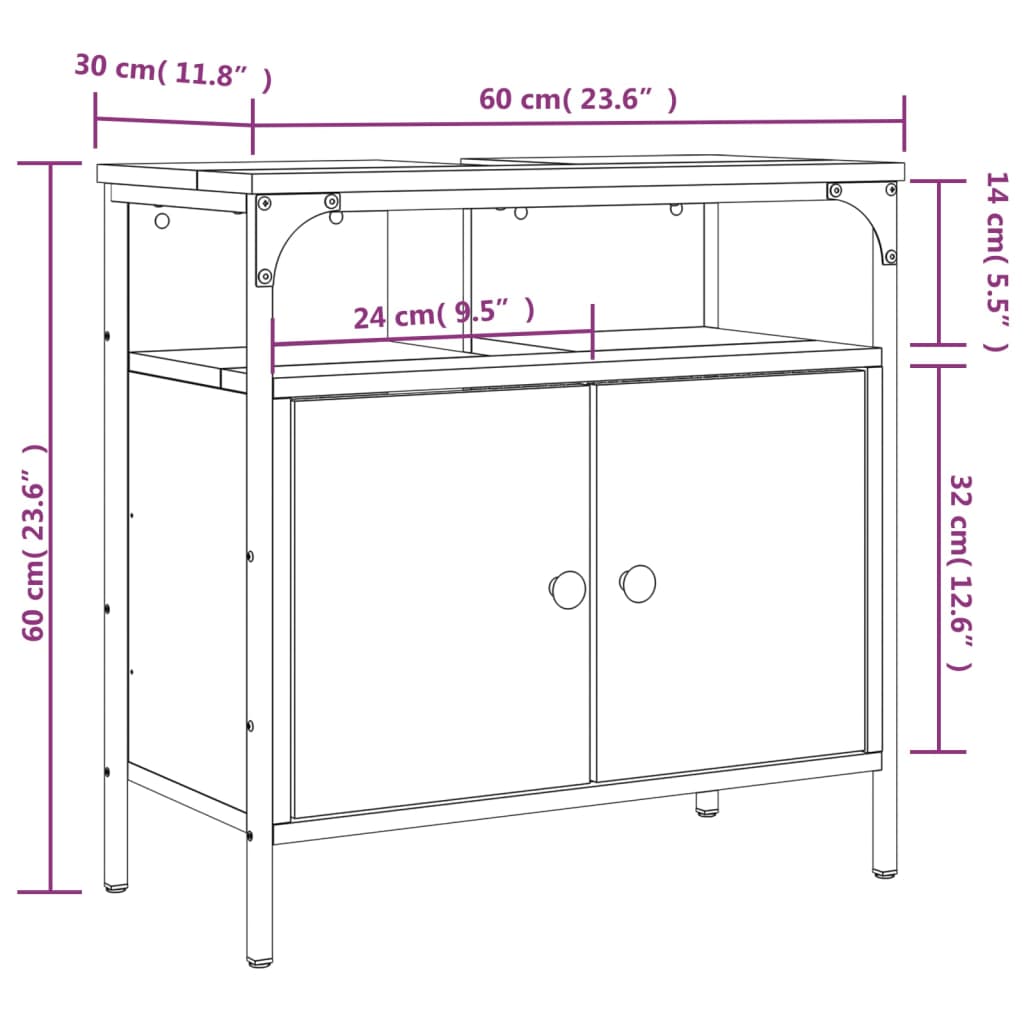 vidaXL Servantskap røkt eik 60x30x60 cm konstruert tre