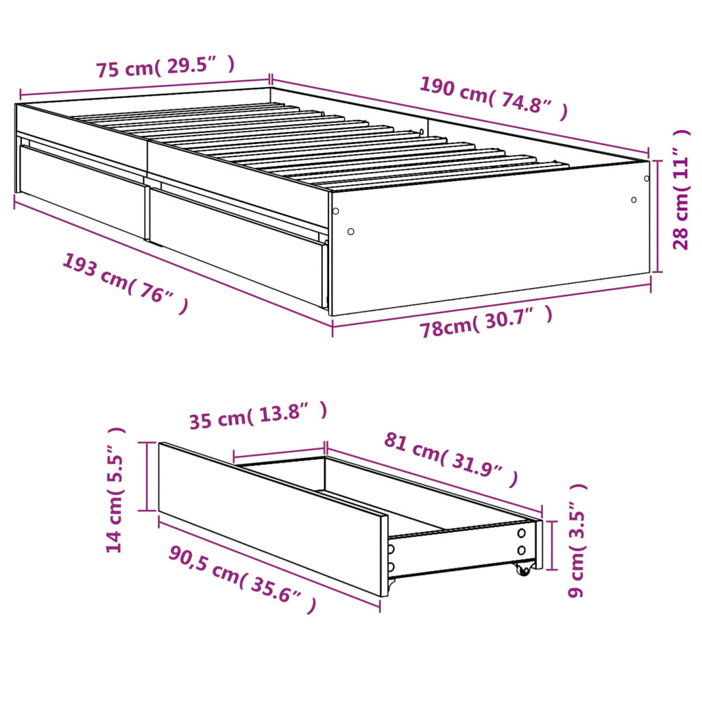 vidaXL Sengeramme med skuffer grå sonoma 75x190 cm konstruert tre