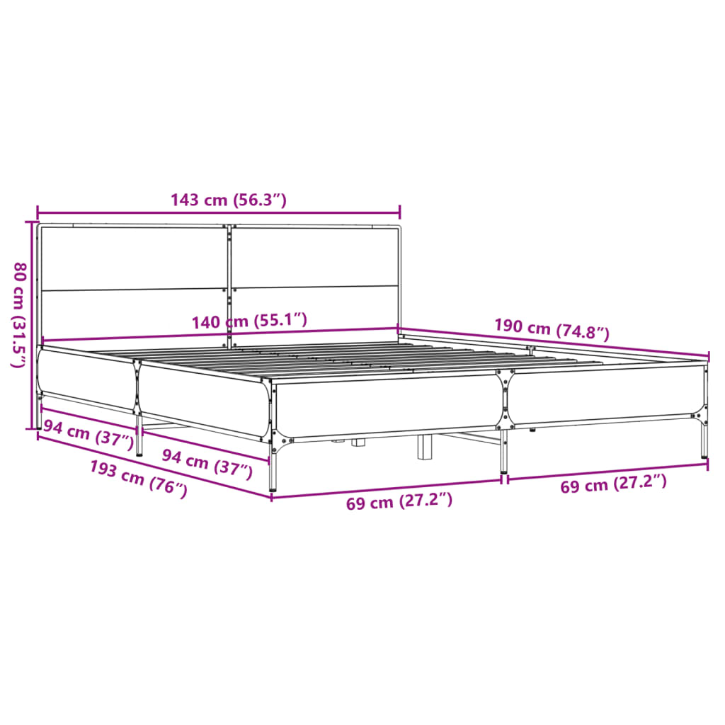 vidaXL Sengeramme røkt eik 140x190 cm konstruert tre og metall