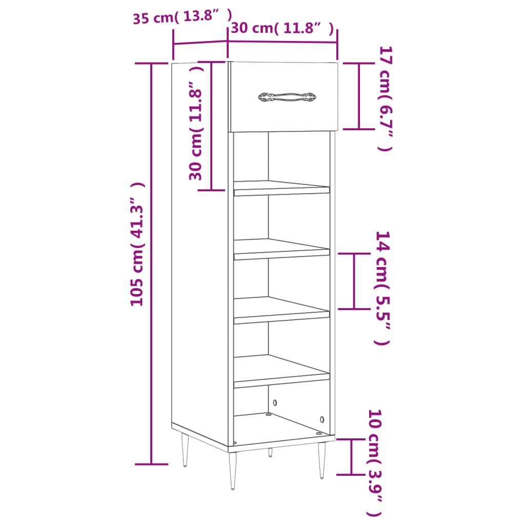 vidaXL Skohylle hvit 30x35x105 cm konstruert tre