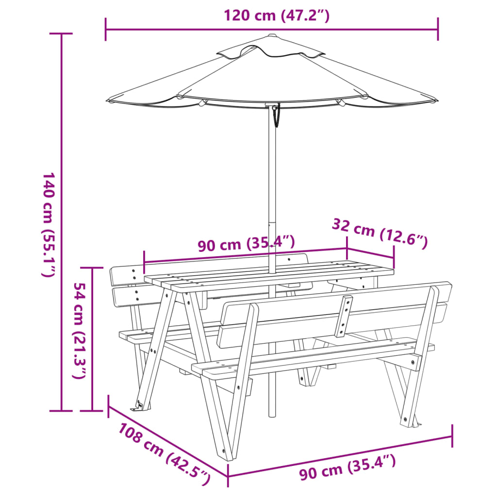 vidaXL Piknikbord for 4 barn med parasoll heltre gran